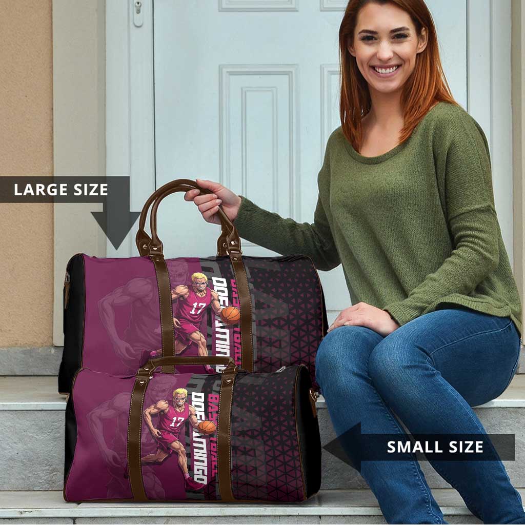Donquixote Doflamingo One Piece Basketball Theme Maroon and Black Design Travel Bag with Smiling Emblem and Aggressive Pose - The Mazicc
