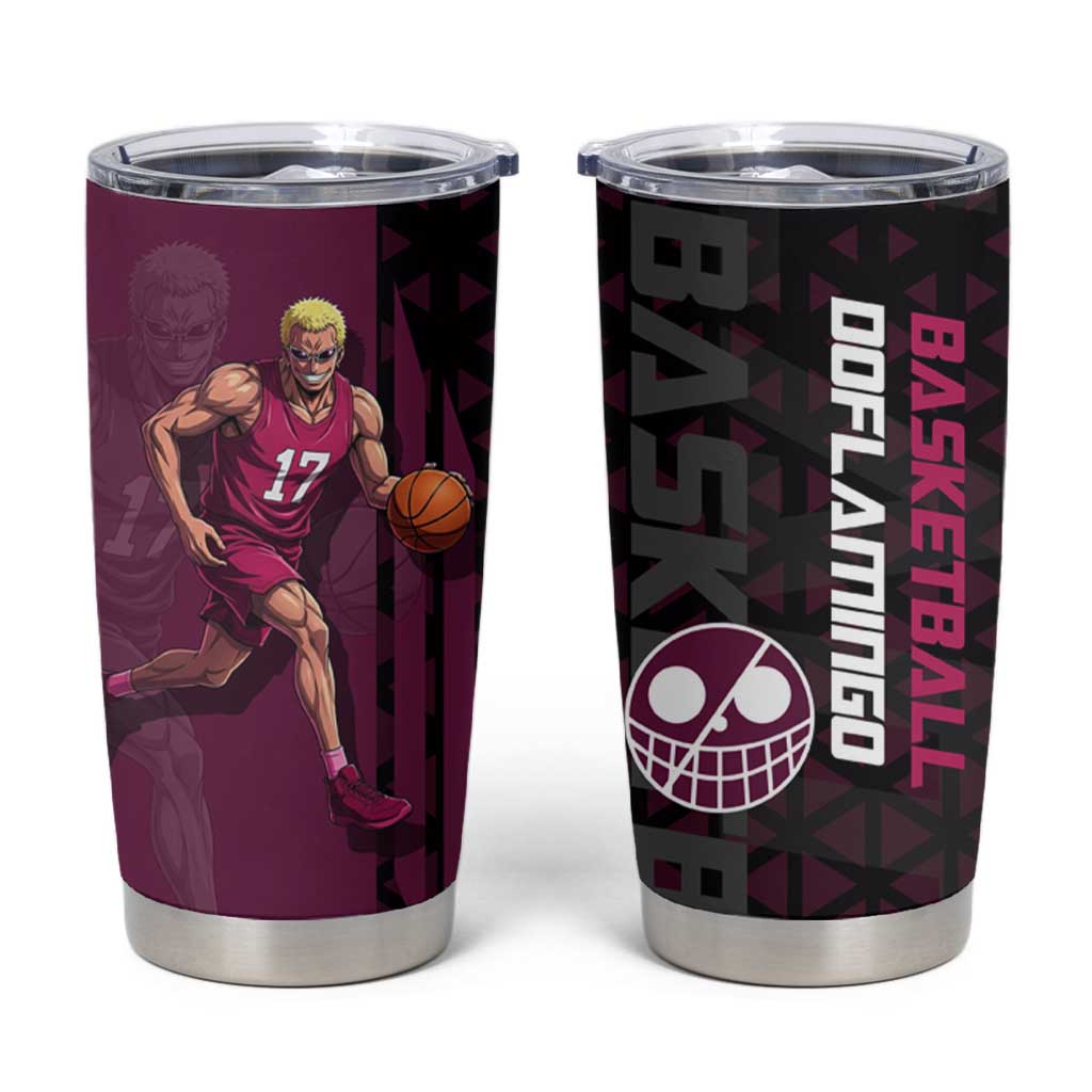 Donquixote Doflamingo One Piece Basketball Theme Maroon and Black Design Tumbler Cup with Smiling Emblem and Aggressive Pose - The Mazicc