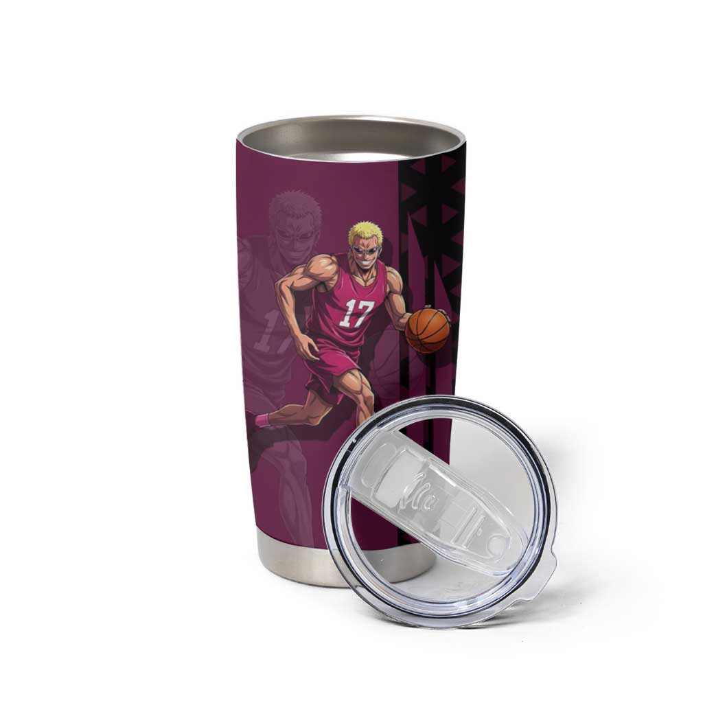 Donquixote Doflamingo One Piece Basketball Theme Maroon and Black Design Tumbler Cup with Smiling Emblem and Aggressive Pose - The Mazicc