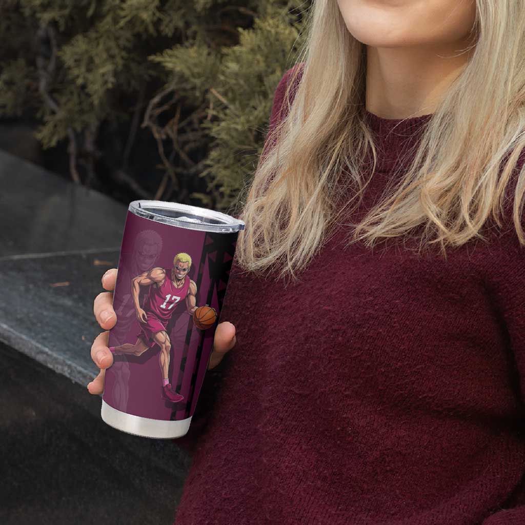 Donquixote Doflamingo One Piece Basketball Theme Maroon and Black Design Tumbler Cup with Smiling Emblem and Aggressive Pose - The Mazicc