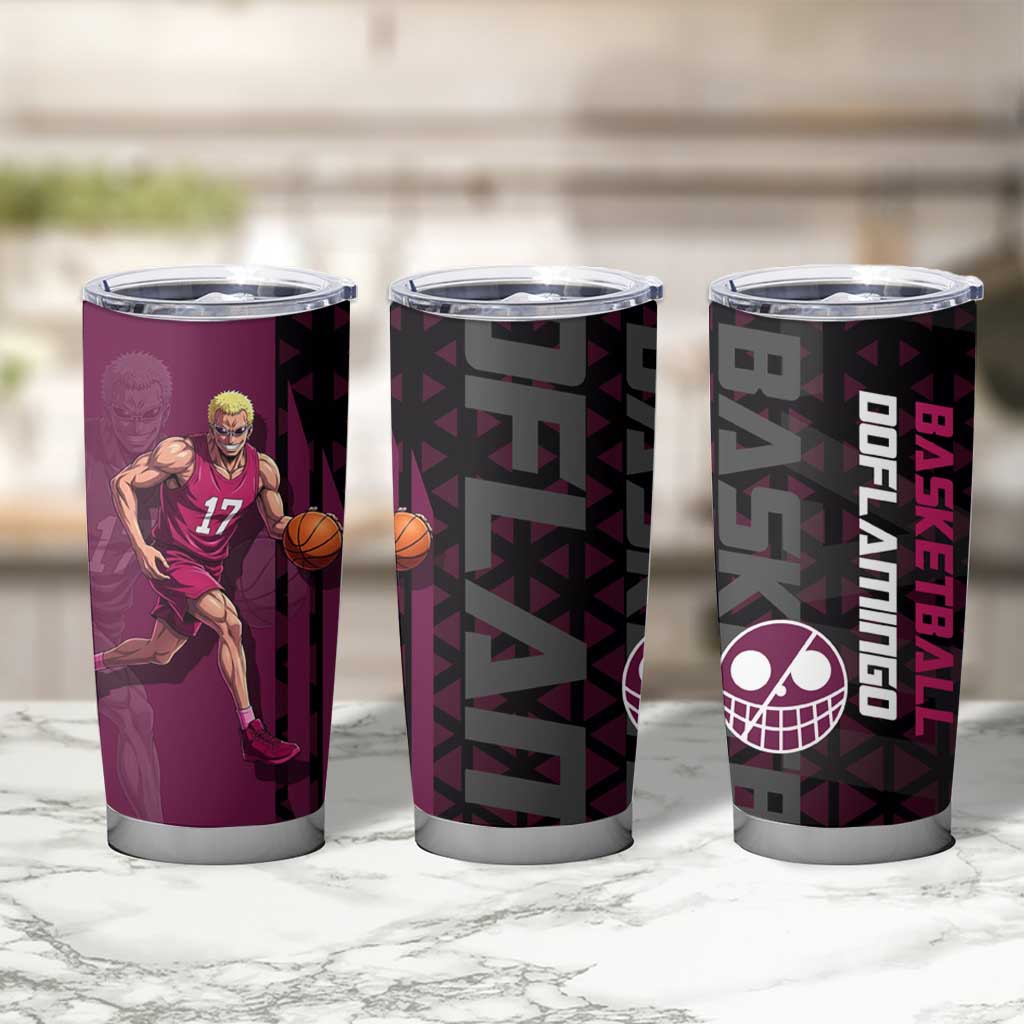 Donquixote Doflamingo One Piece Basketball Theme Maroon and Black Design Tumbler Cup with Smiling Emblem and Aggressive Pose - The Mazicc