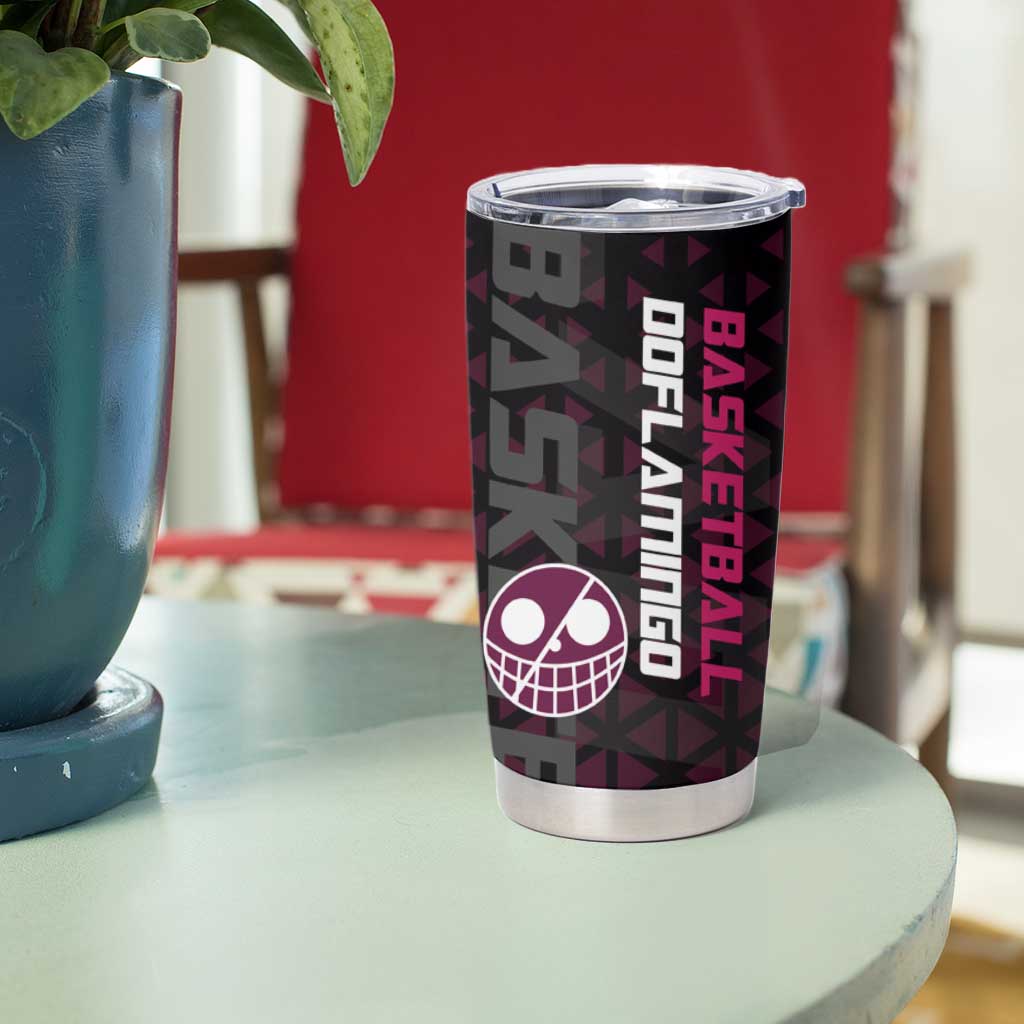 Donquixote Doflamingo One Piece Basketball Theme Maroon and Black Design Tumbler Cup with Smiling Emblem and Aggressive Pose - The Mazicc