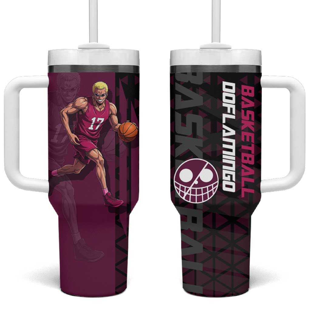 Donquixote Doflamingo One Piece Basketball Theme Maroon and Black Design Tumbler With Handle with Smiling Emblem and Aggressive Pose - The Mazicc
