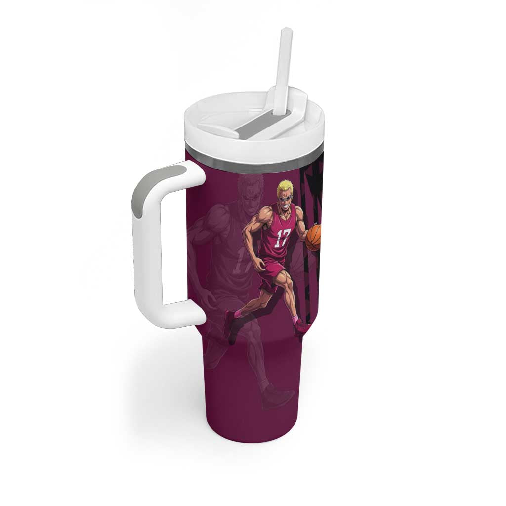 Donquixote Doflamingo One Piece Basketball Theme Maroon and Black Design Tumbler With Handle with Smiling Emblem and Aggressive Pose - The Mazicc