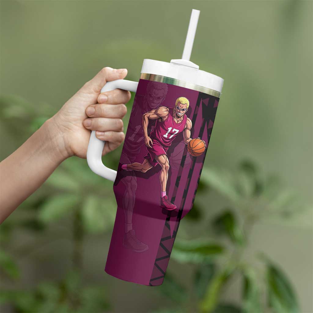 Donquixote Doflamingo One Piece Basketball Theme Maroon and Black Design Tumbler With Handle with Smiling Emblem and Aggressive Pose - The Mazicc