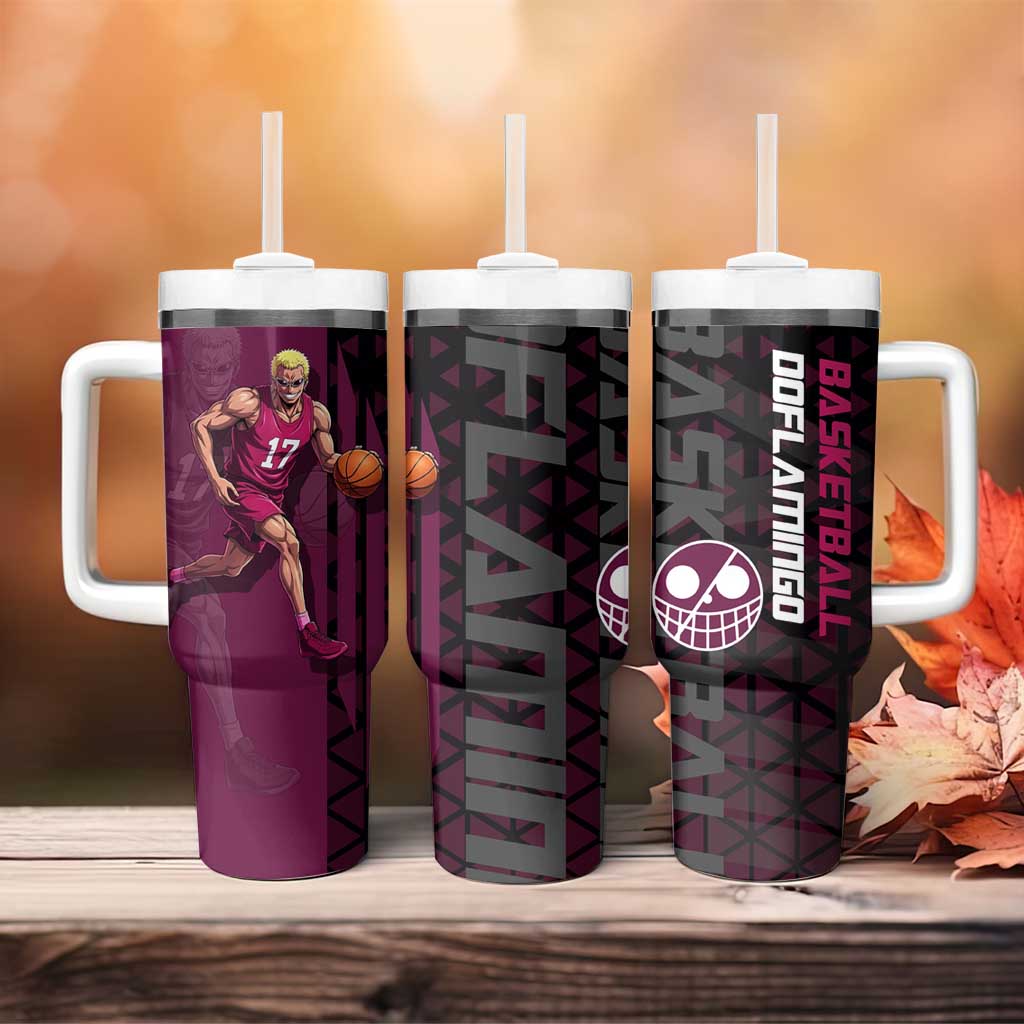 Donquixote Doflamingo One Piece Basketball Theme Maroon and Black Design Tumbler With Handle with Smiling Emblem and Aggressive Pose - The Mazicc