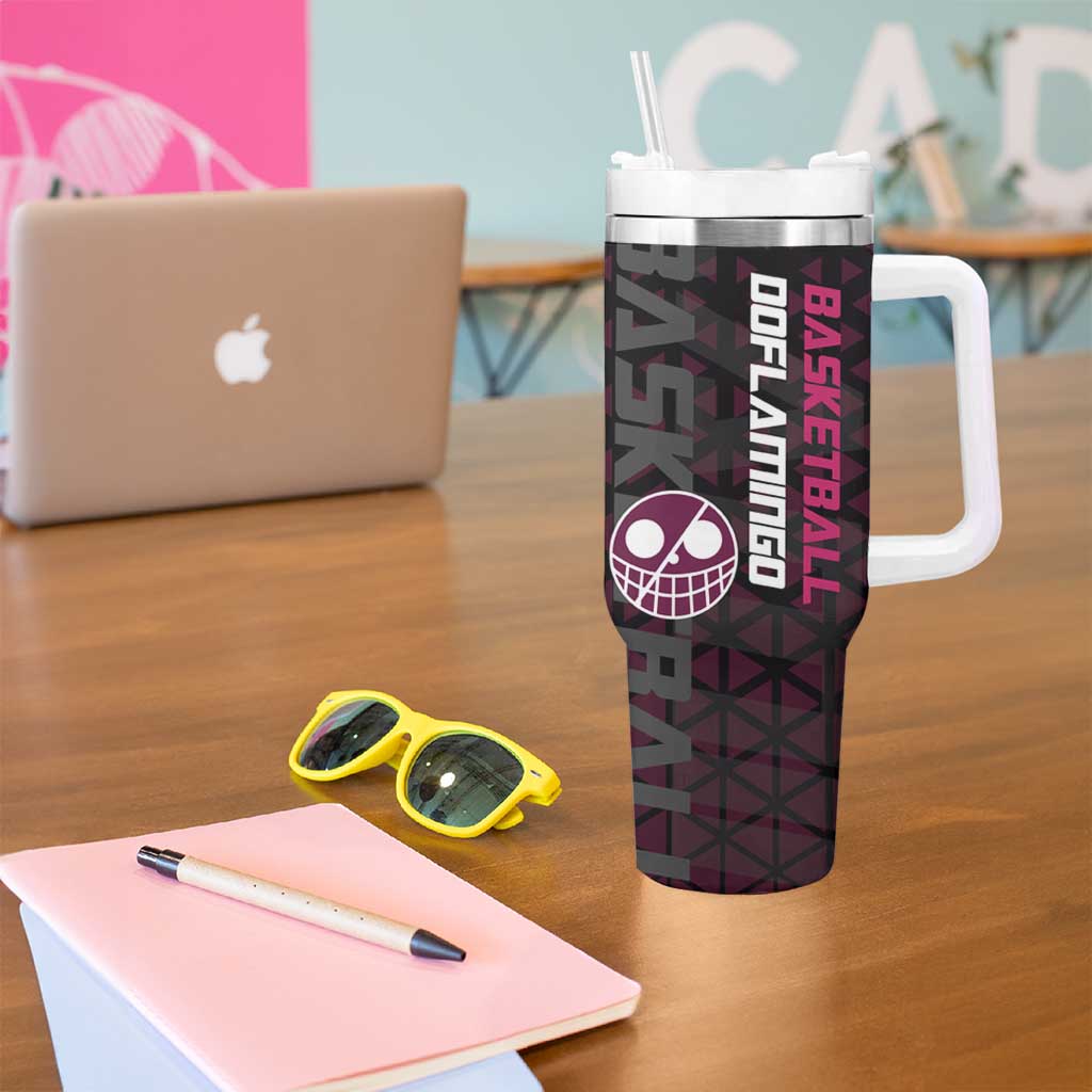 Donquixote Doflamingo One Piece Basketball Theme Maroon and Black Design Tumbler With Handle with Smiling Emblem and Aggressive Pose - The Mazicc