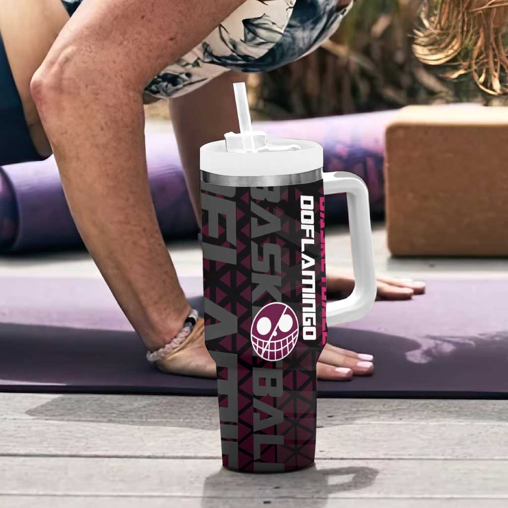 Donquixote Doflamingo One Piece Basketball Theme Maroon and Black Design Tumbler With Handle with Smiling Emblem and Aggressive Pose - The Mazicc