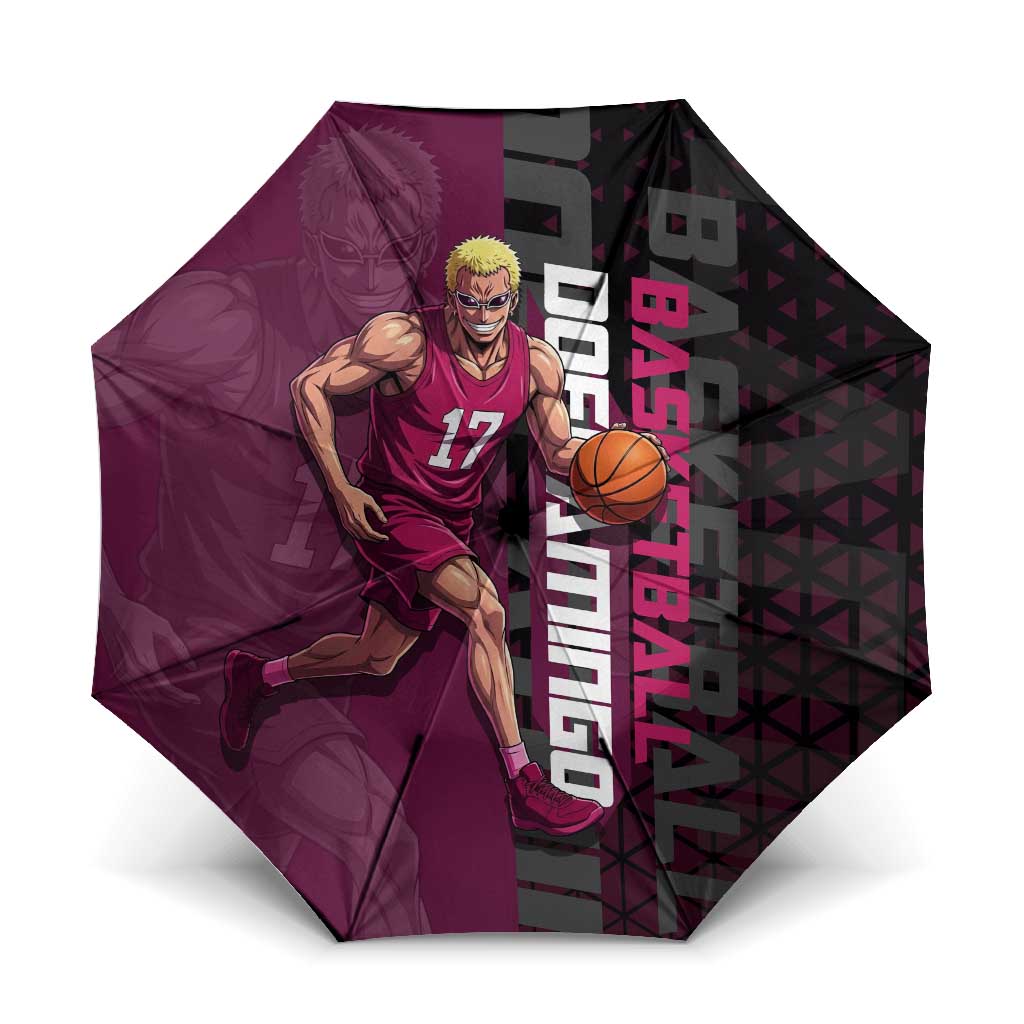 Donquixote Doflamingo One Piece Basketball Theme Maroon and Black Design Umbrella with Smiling Emblem and Aggressive Pose - The Mazicc