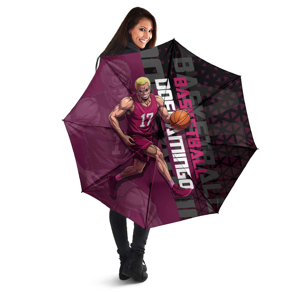 Donquixote Doflamingo One Piece Basketball Theme Maroon and Black Design Umbrella with Smiling Emblem and Aggressive Pose - The Mazicc