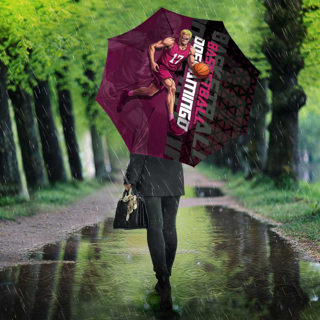 Donquixote Doflamingo One Piece Basketball Theme Maroon and Black Design Umbrella with Smiling Emblem and Aggressive Pose - The Mazicc