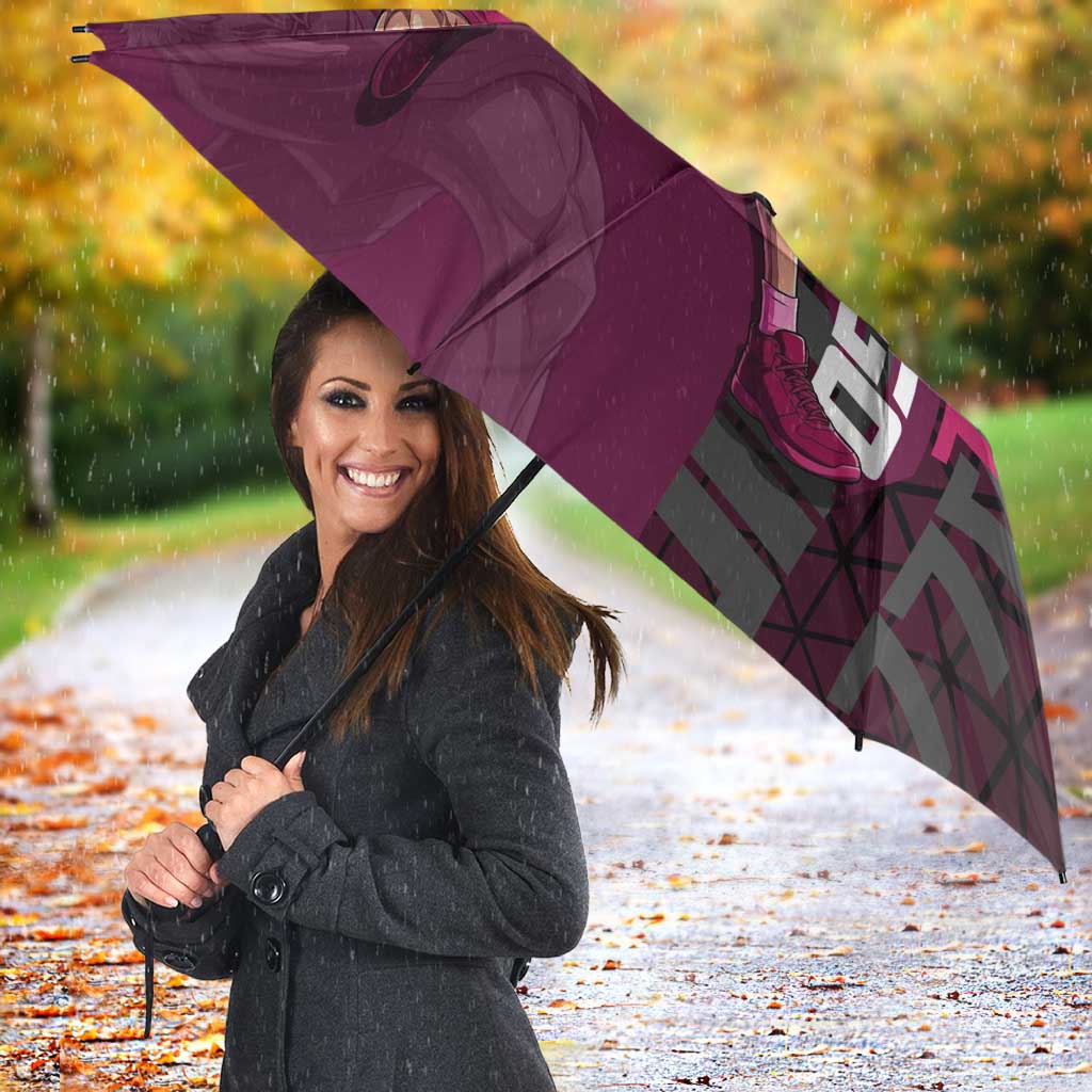 Donquixote Doflamingo One Piece Basketball Theme Maroon and Black Design Umbrella with Smiling Emblem and Aggressive Pose - The Mazicc