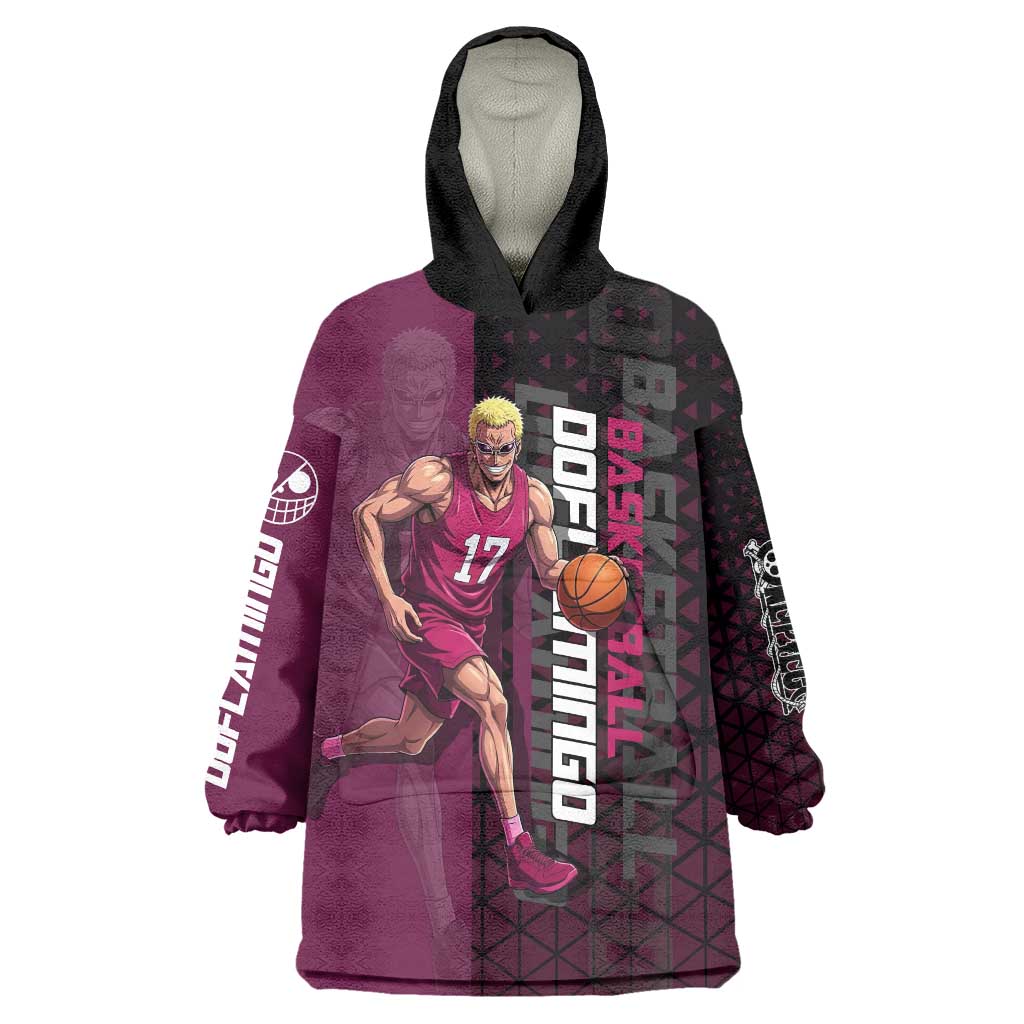Donquixote Doflamingo One Piece Basketball Theme Maroon and Black Design Wearable Blanket Hoodie with Smiling Emblem and Aggressive Pose - The Mazicc