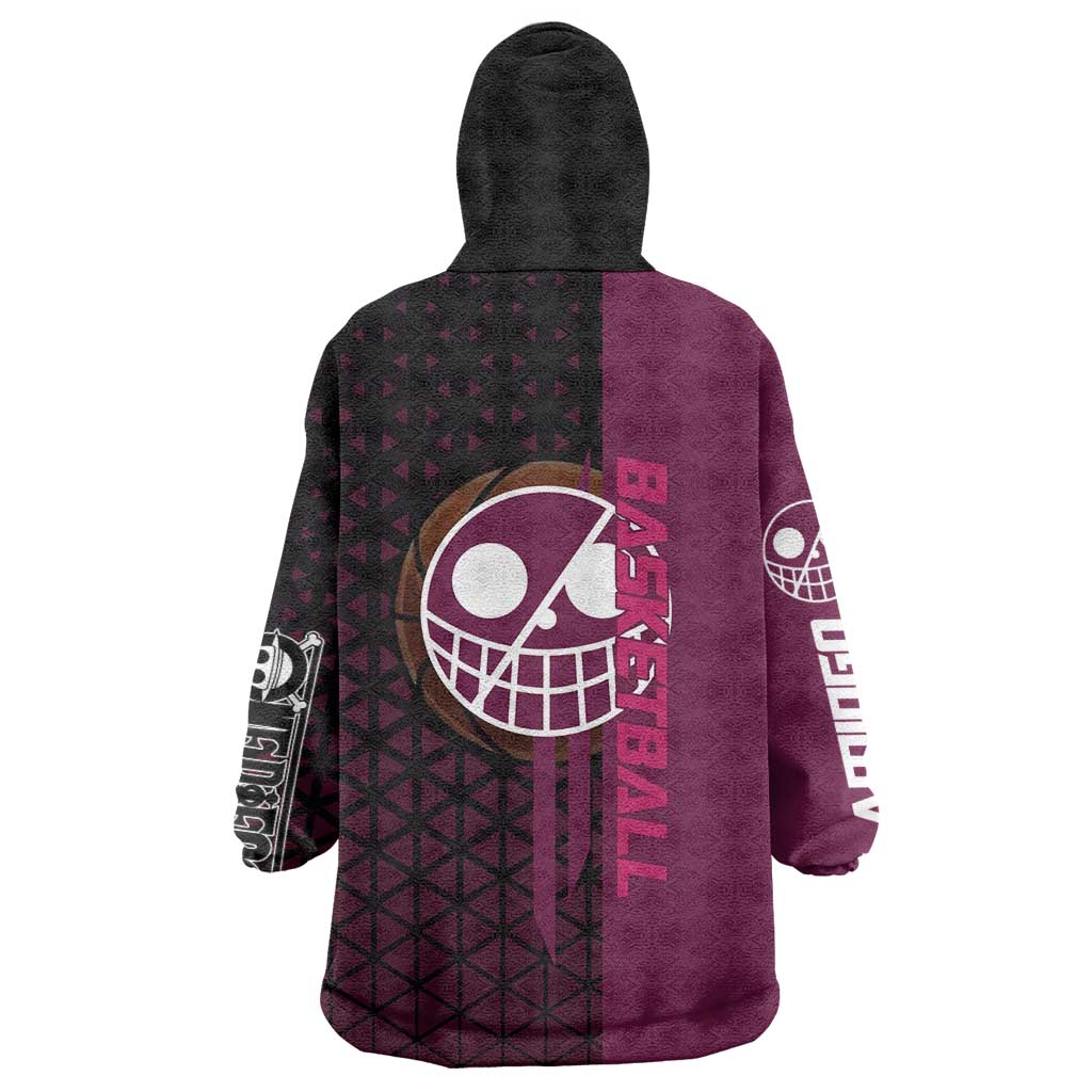Donquixote Doflamingo One Piece Basketball Theme Maroon and Black Design Wearable Blanket Hoodie with Smiling Emblem and Aggressive Pose - The Mazicc