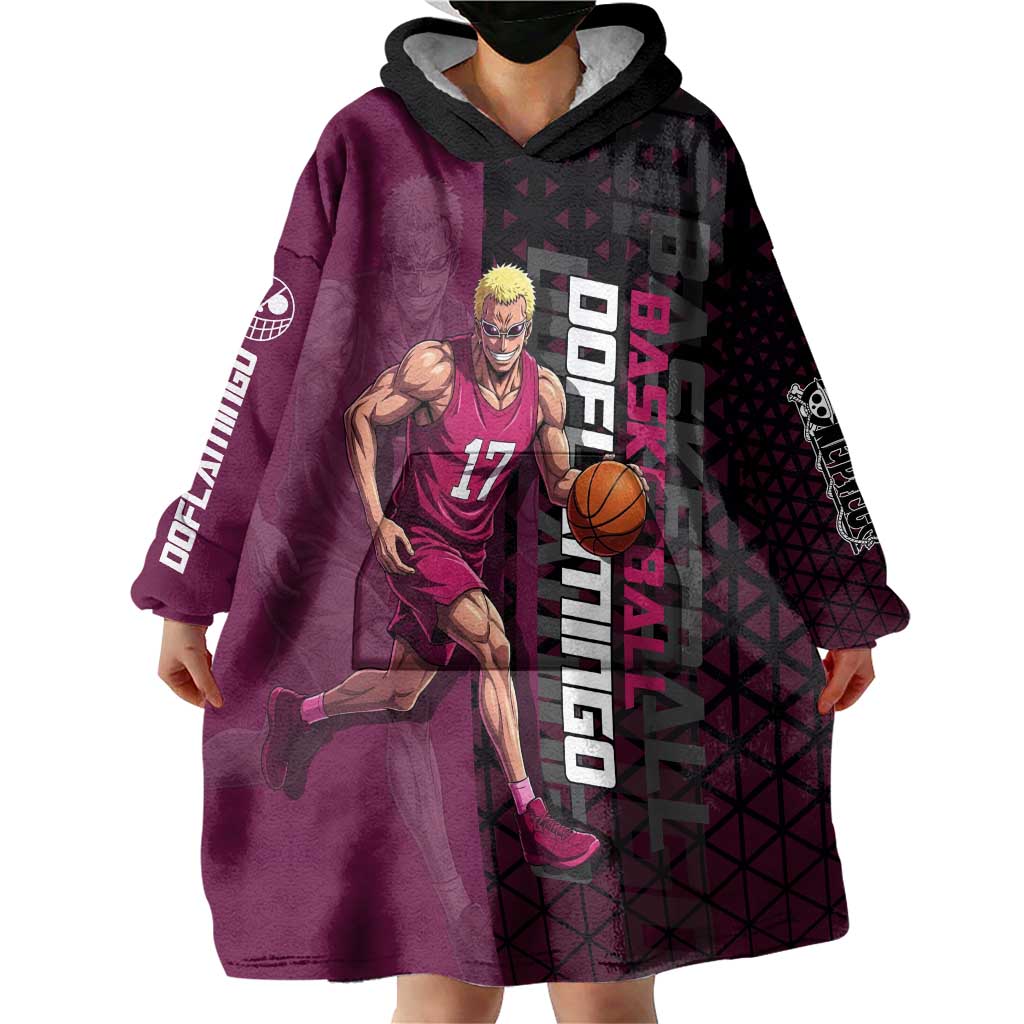 Donquixote Doflamingo One Piece Basketball Theme Maroon and Black Design Wearable Blanket Hoodie with Smiling Emblem and Aggressive Pose - The Mazicc
