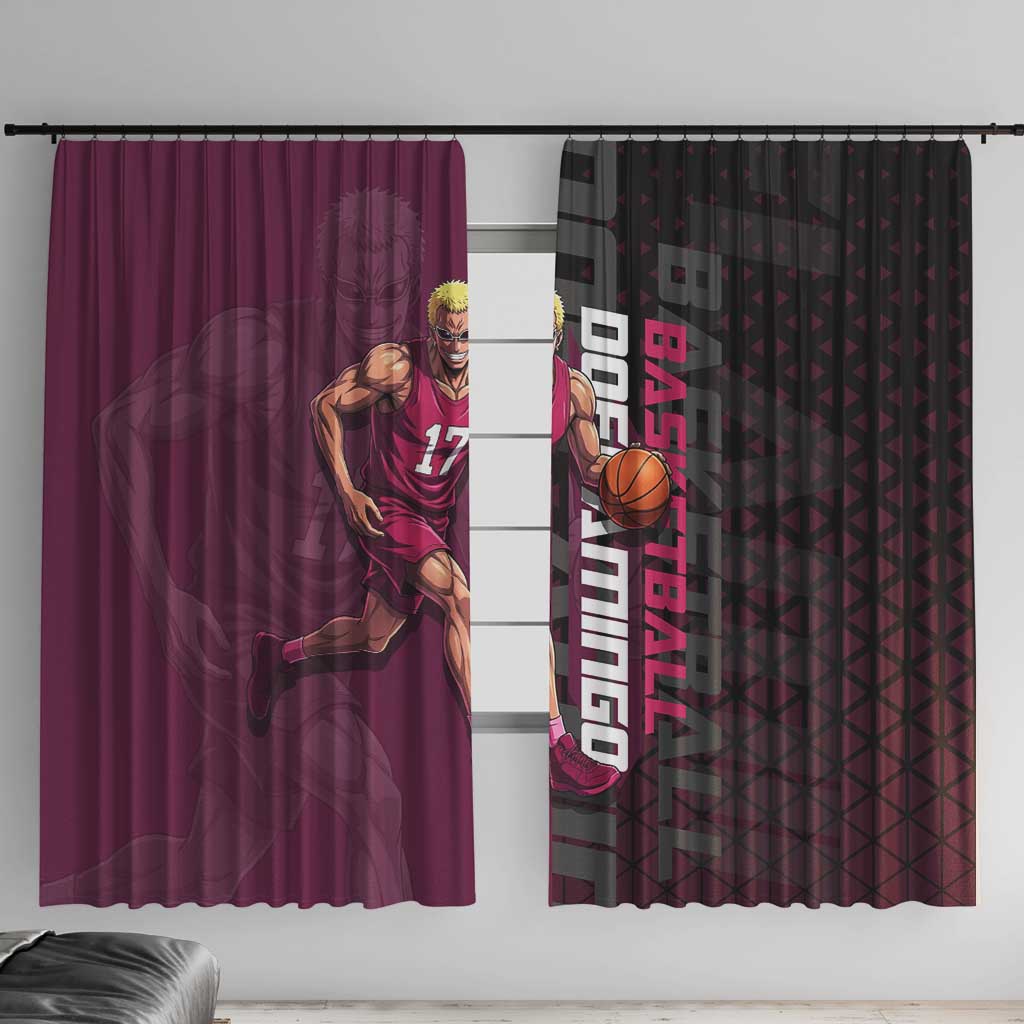 Donquixote Doflamingo One Piece Basketball Theme Maroon and Black Design Window Curtain with Smiling Emblem and Aggressive Pose - The Mazicc