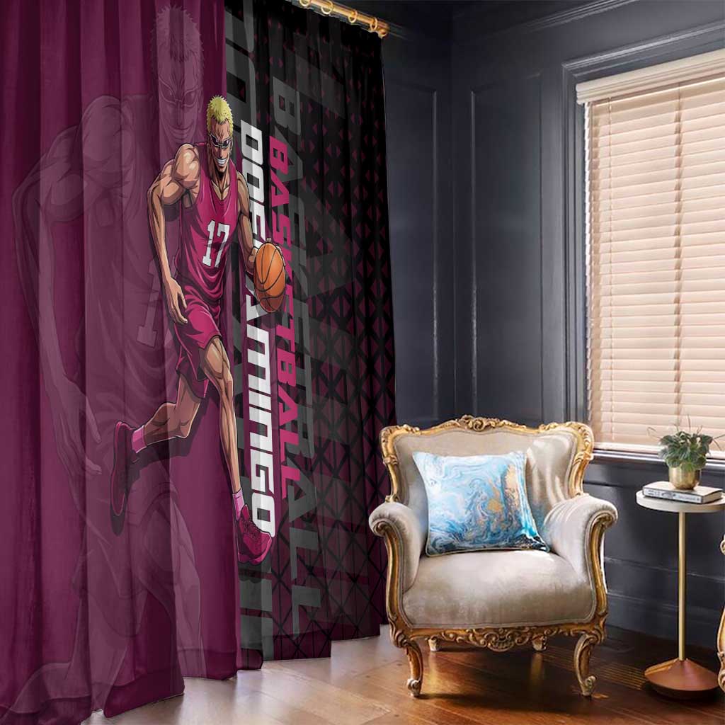 Donquixote Doflamingo One Piece Basketball Theme Maroon and Black Design Window Curtain with Smiling Emblem and Aggressive Pose - The Mazicc