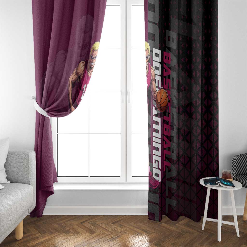 Donquixote Doflamingo One Piece Basketball Theme Maroon and Black Design Window Curtain with Smiling Emblem and Aggressive Pose - The Mazicc