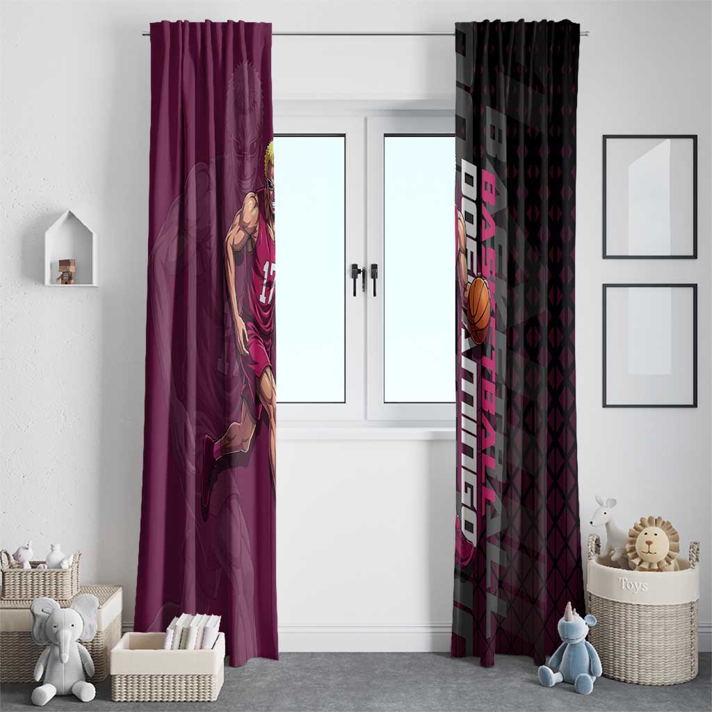Donquixote Doflamingo One Piece Basketball Theme Maroon and Black Design Window Curtain with Smiling Emblem and Aggressive Pose - The Mazicc