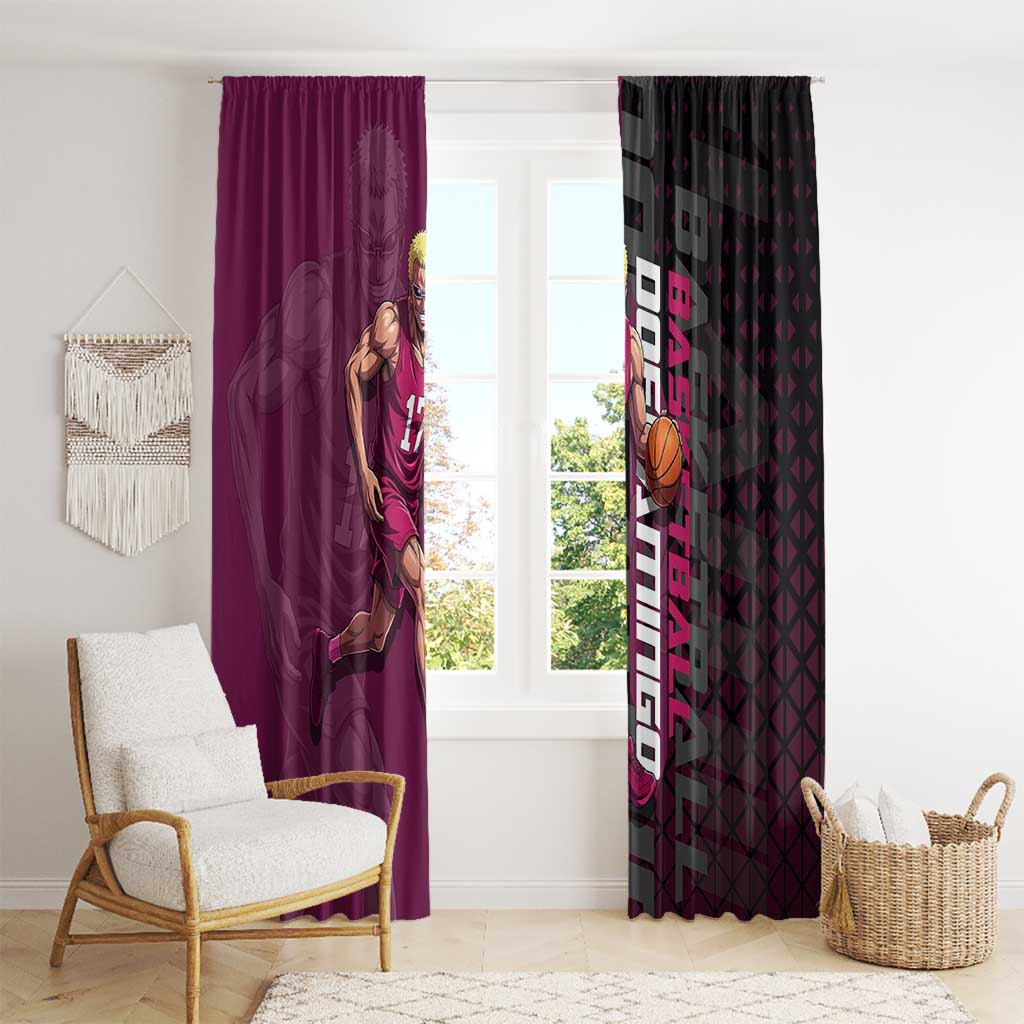 Donquixote Doflamingo One Piece Basketball Theme Maroon and Black Design Window Curtain with Smiling Emblem and Aggressive Pose - The Mazicc