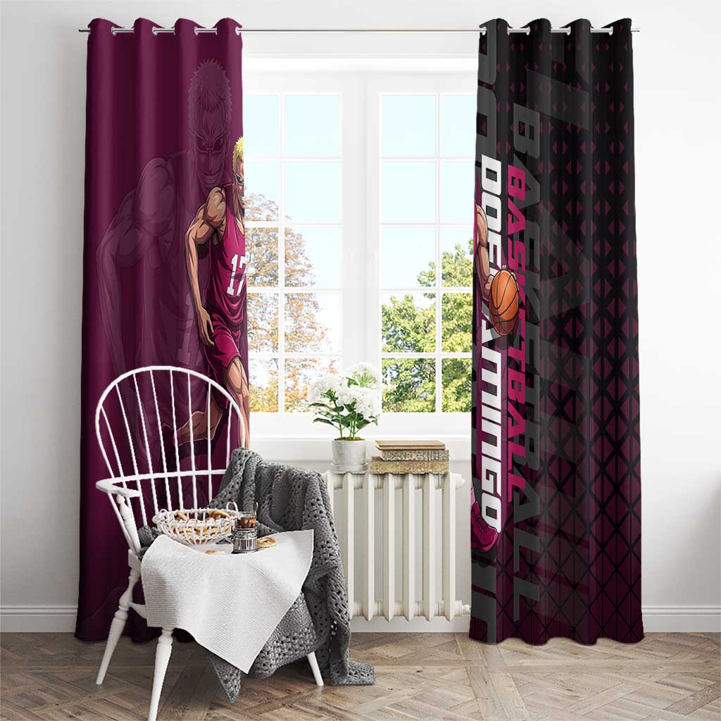 Donquixote Doflamingo One Piece Basketball Theme Maroon and Black Design Window Curtain with Smiling Emblem and Aggressive Pose - The Mazicc