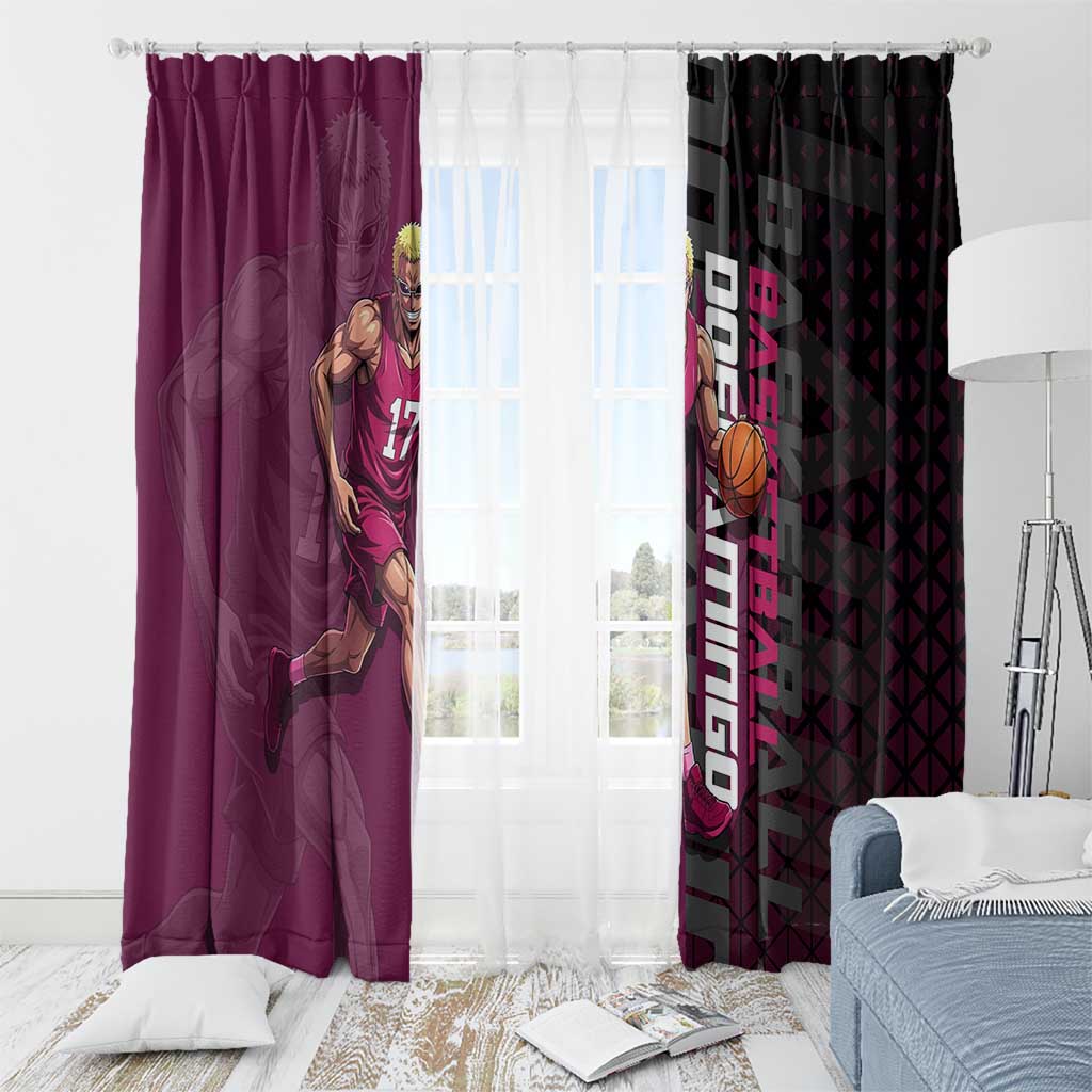 Donquixote Doflamingo One Piece Basketball Theme Maroon and Black Design Window Curtain with Smiling Emblem and Aggressive Pose - The Mazicc