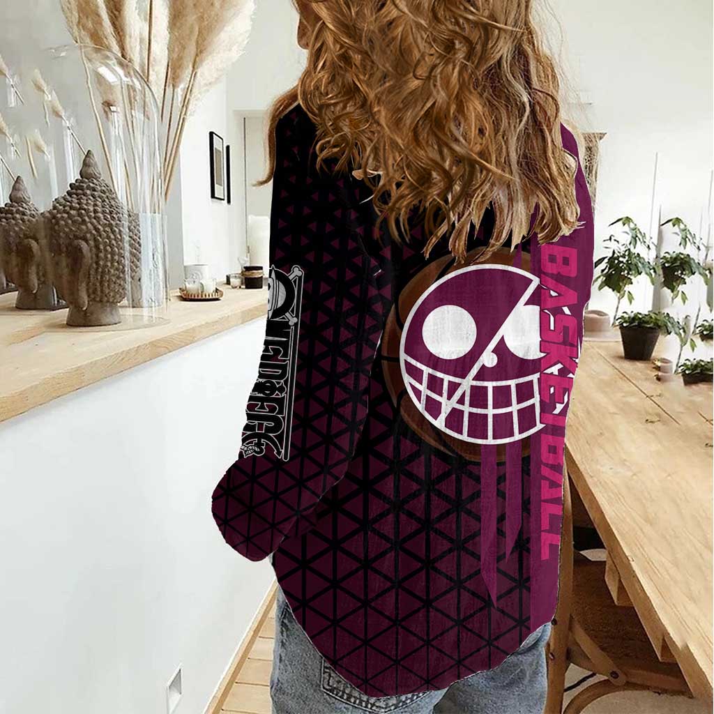 Donquixote Doflamingo One Piece Basketball Theme Maroon and Black Design Women Casual Shirt with Smiling Emblem and Aggressive Pose - The Mazicc