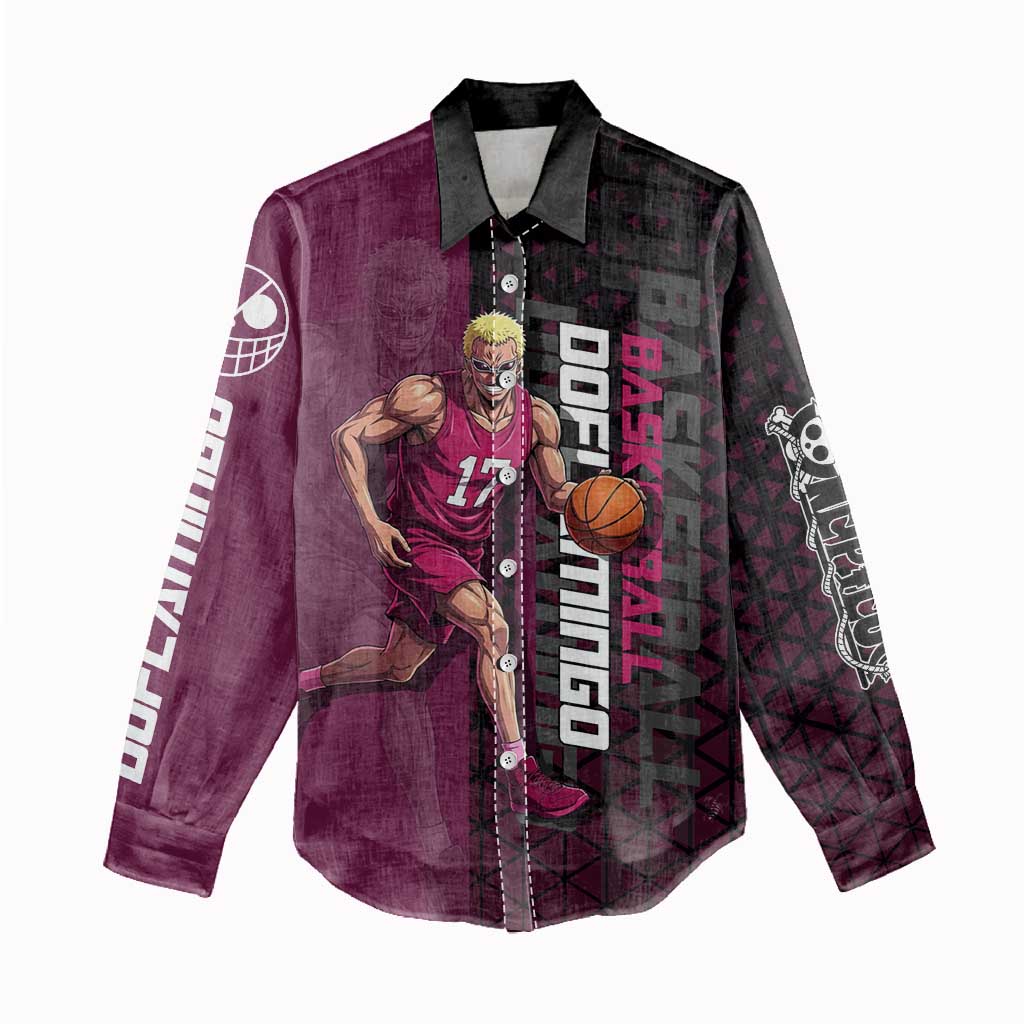 Donquixote Doflamingo One Piece Basketball Theme Maroon and Black Design Women Casual Shirt with Smiling Emblem and Aggressive Pose - The Mazicc