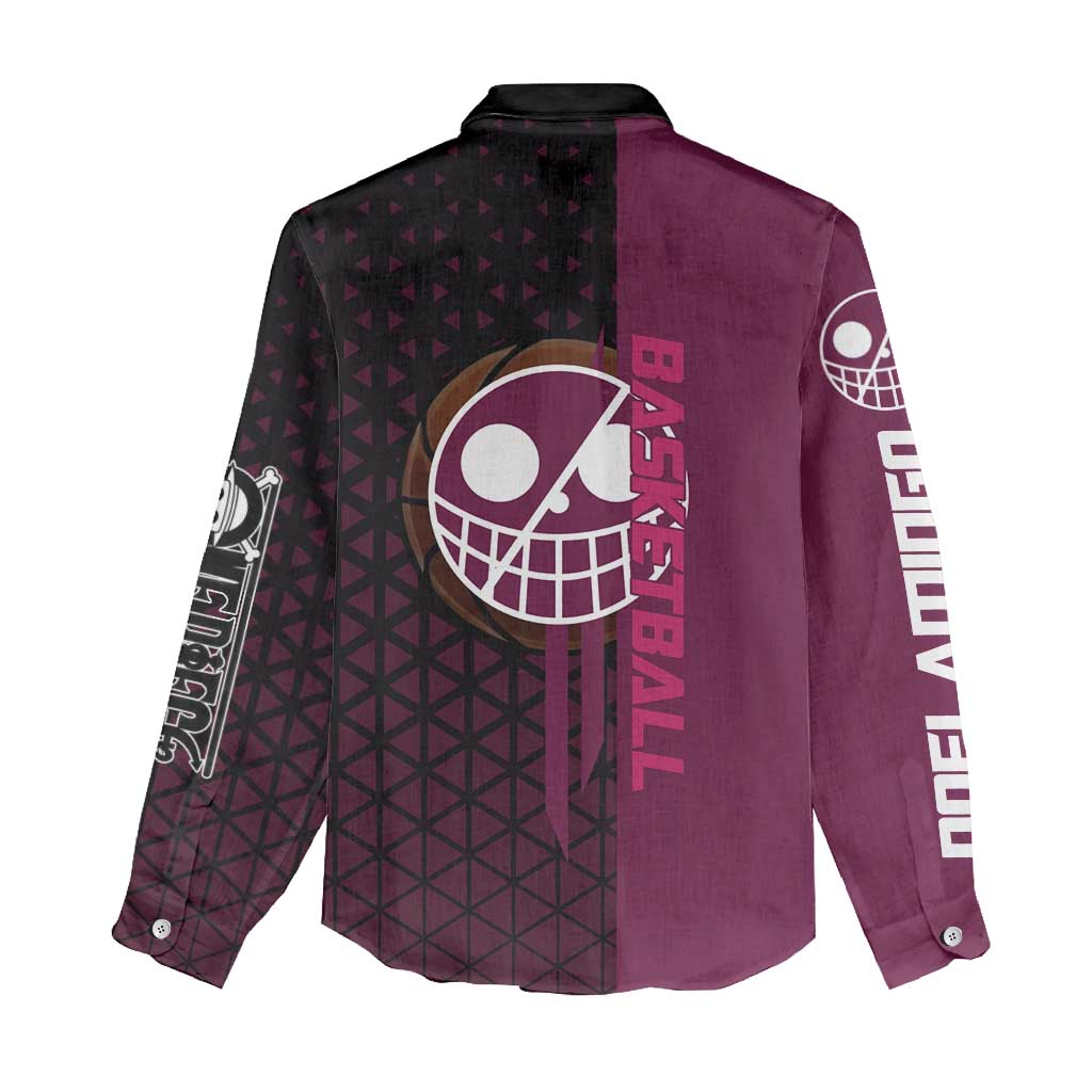 Donquixote Doflamingo One Piece Basketball Theme Maroon and Black Design Women Casual Shirt with Smiling Emblem and Aggressive Pose - The Mazicc