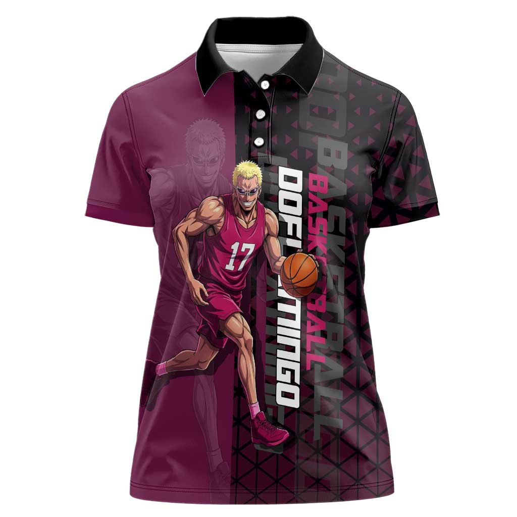 Donquixote Doflamingo One Piece Basketball Theme Maroon and Black Design Women Polo Shirt with Smiling Emblem and Aggressive Pose - The Mazicc