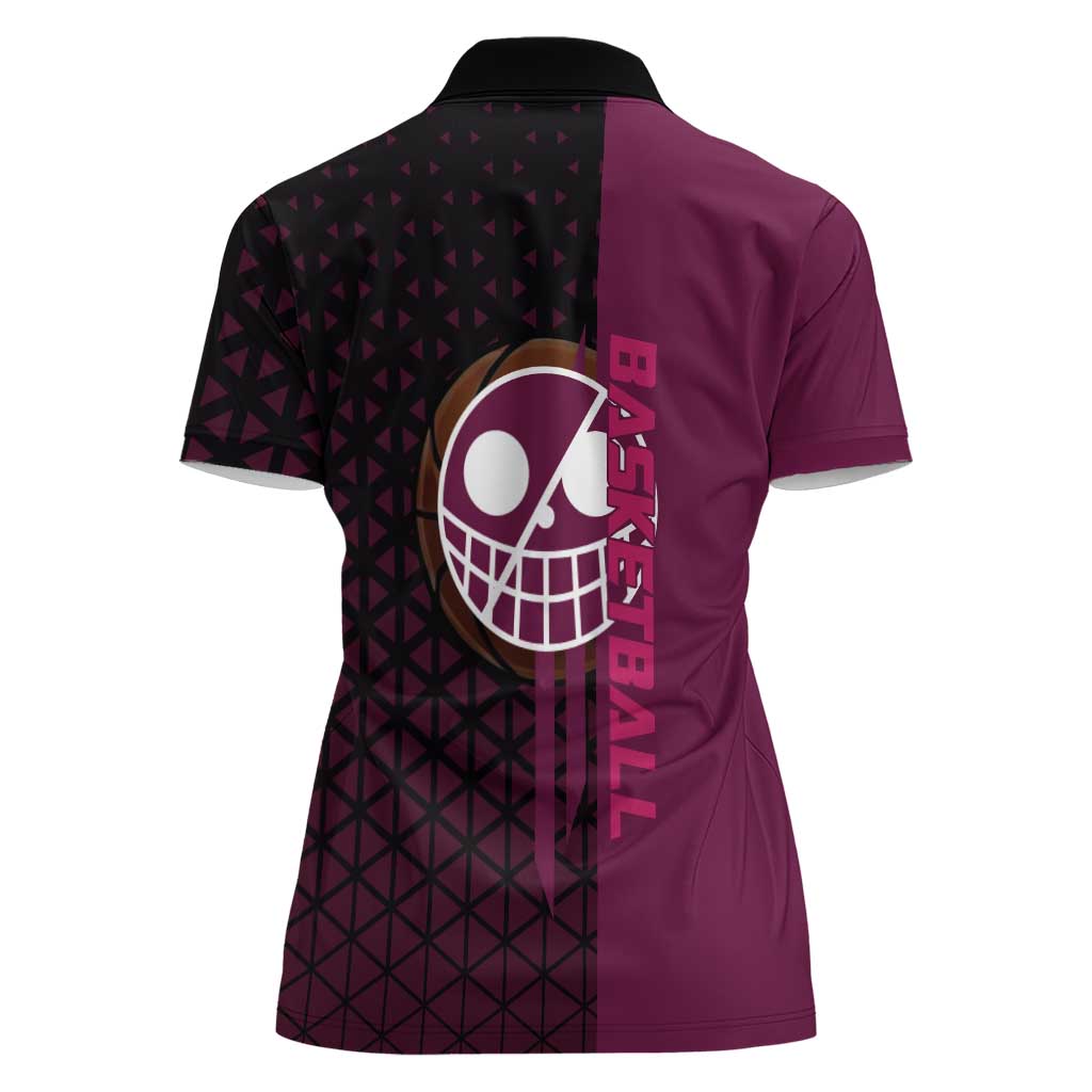 Donquixote Doflamingo One Piece Basketball Theme Maroon and Black Design Women Polo Shirt with Smiling Emblem and Aggressive Pose - The Mazicc