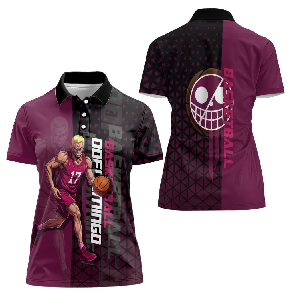 Donquixote Doflamingo One Piece Basketball Theme Maroon and Black Design Women Polo Shirt with Smiling Emblem and Aggressive Pose - The Mazicc