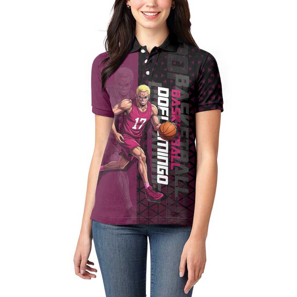 Donquixote Doflamingo One Piece Basketball Theme Maroon and Black Design Women Polo Shirt with Smiling Emblem and Aggressive Pose - The Mazicc