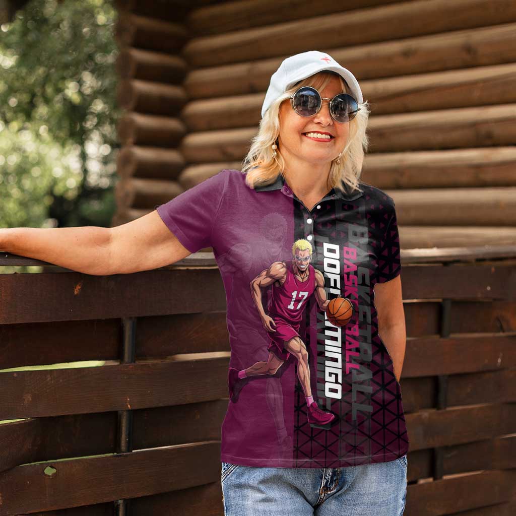 Donquixote Doflamingo One Piece Basketball Theme Maroon and Black Design Women Polo Shirt with Smiling Emblem and Aggressive Pose - The Mazicc