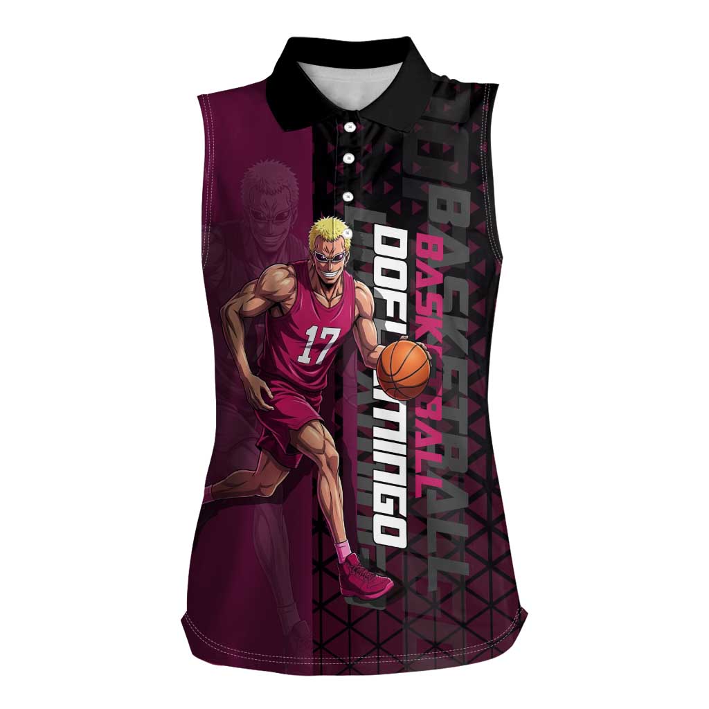 Donquixote Doflamingo One Piece Basketball Theme Maroon and Black Design Women Sleeveless Polo Shirt with Smiling Emblem and Aggressive Pose - The Mazicc