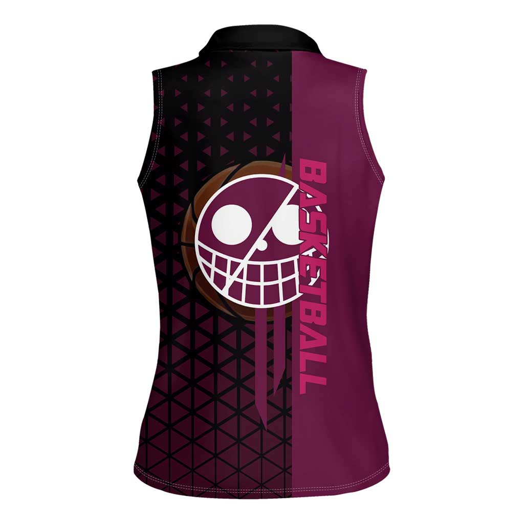 Donquixote Doflamingo One Piece Basketball Theme Maroon and Black Design Women Sleeveless Polo Shirt with Smiling Emblem and Aggressive Pose - The Mazicc