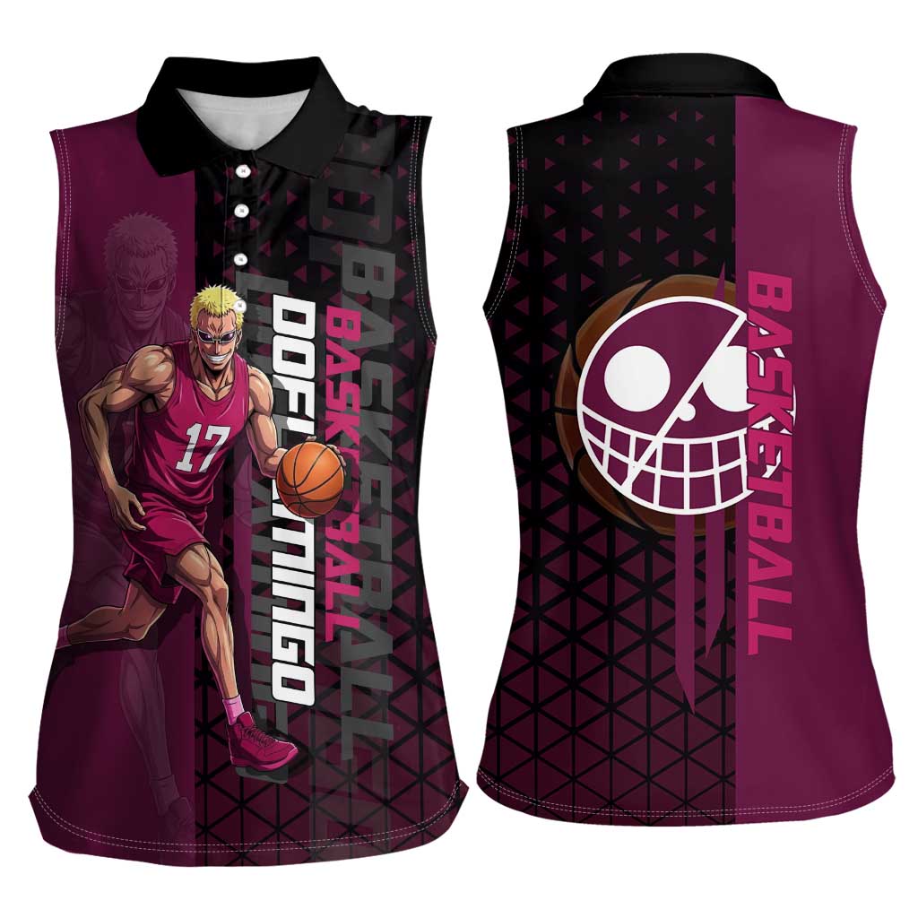 Donquixote Doflamingo One Piece Basketball Theme Maroon and Black Design Women Sleeveless Polo Shirt with Smiling Emblem and Aggressive Pose - The Mazicc
