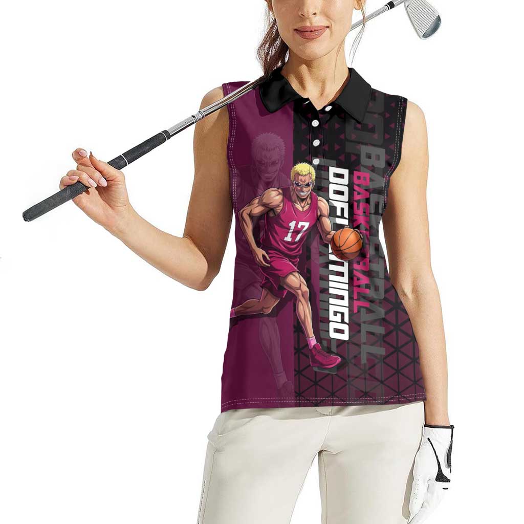 Donquixote Doflamingo One Piece Basketball Theme Maroon and Black Design Women Sleeveless Polo Shirt with Smiling Emblem and Aggressive Pose - The Mazicc