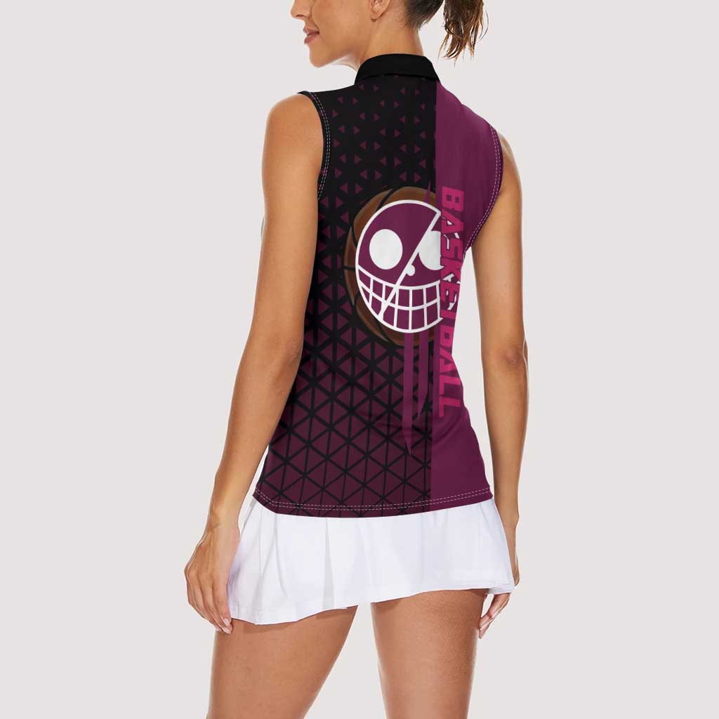 Donquixote Doflamingo One Piece Basketball Theme Maroon and Black Design Women Sleeveless Polo Shirt with Smiling Emblem and Aggressive Pose - The Mazicc