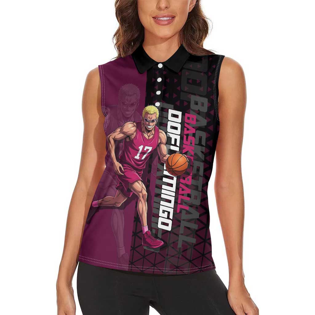 Donquixote Doflamingo One Piece Basketball Theme Maroon and Black Design Women Sleeveless Polo Shirt with Smiling Emblem and Aggressive Pose - The Mazicc