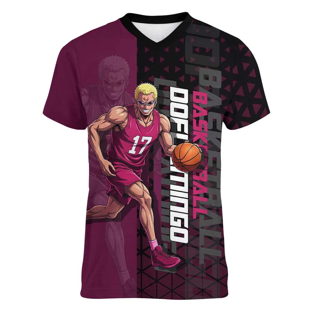 Donquixote Doflamingo One Piece Basketball Theme Maroon and Black Design Women V-Neck T-Shirt with Smiling Emblem and Aggressive Pose - The Mazicc