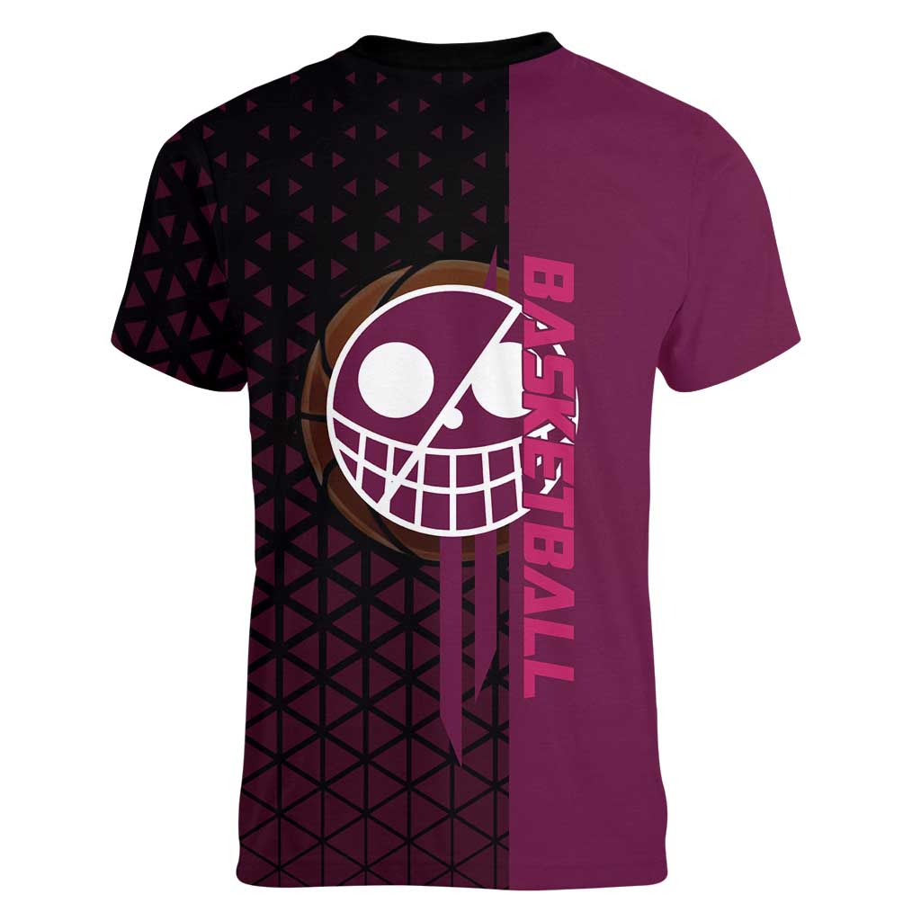 Donquixote Doflamingo One Piece Basketball Theme Maroon and Black Design Women V-Neck T-Shirt with Smiling Emblem and Aggressive Pose - The Mazicc