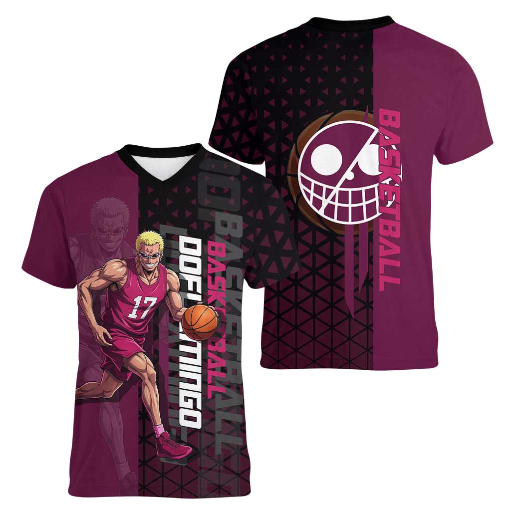 Donquixote Doflamingo One Piece Basketball Theme Maroon and Black Design Women V-Neck T-Shirt with Smiling Emblem and Aggressive Pose - The Mazicc