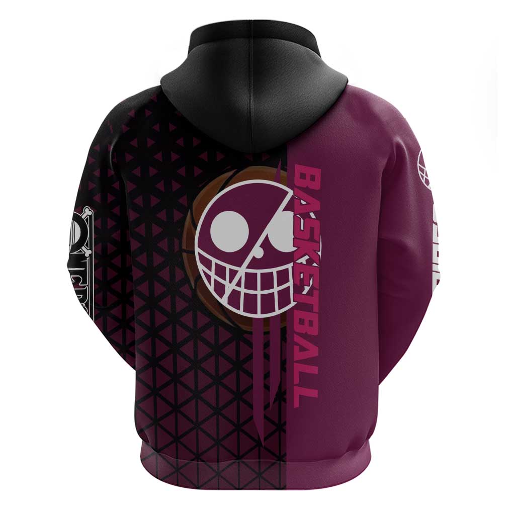 Donquixote Doflamingo One Piece Basketball Theme Maroon and Black Design Zip Hoodie with Smiling Emblem and Aggressive Pose - The Mazicc