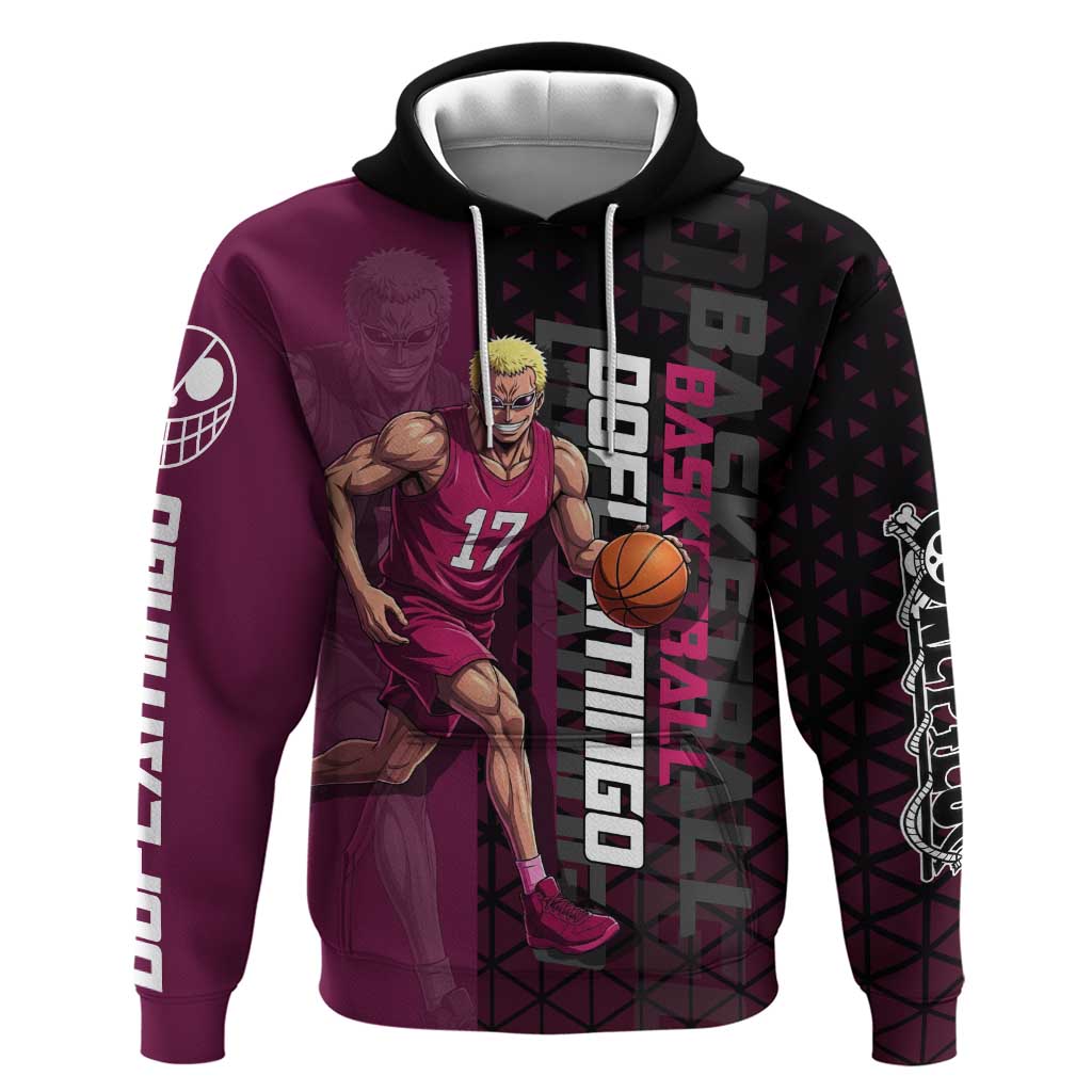 Donquixote Doflamingo One Piece Basketball Theme Maroon and Black Design Zip Hoodie with Smiling Emblem and Aggressive Pose - The Mazicc