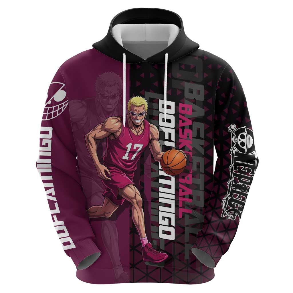 Donquixote Doflamingo One Piece Basketball Theme Maroon and Black Design Zip Hoodie with Smiling Emblem and Aggressive Pose - The Mazicc