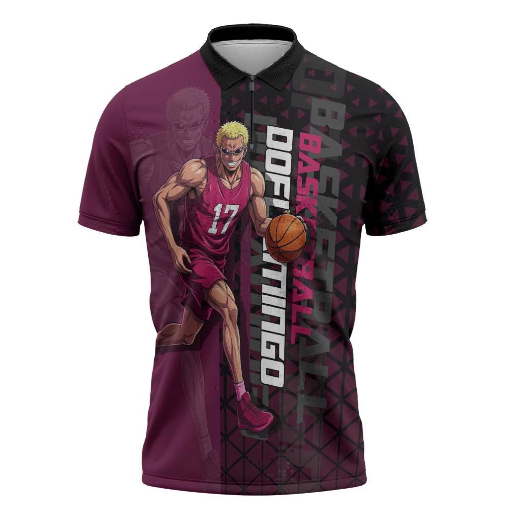 Donquixote Doflamingo One Piece Basketball Theme Maroon and Black Design Zipper Polo Shirt with Smiling Emblem and Aggressive Pose - The Mazicc
