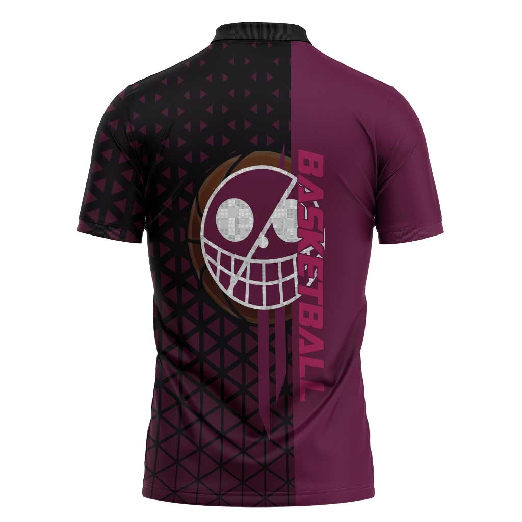 Donquixote Doflamingo One Piece Basketball Theme Maroon and Black Design Zipper Polo Shirt with Smiling Emblem and Aggressive Pose - The Mazicc
