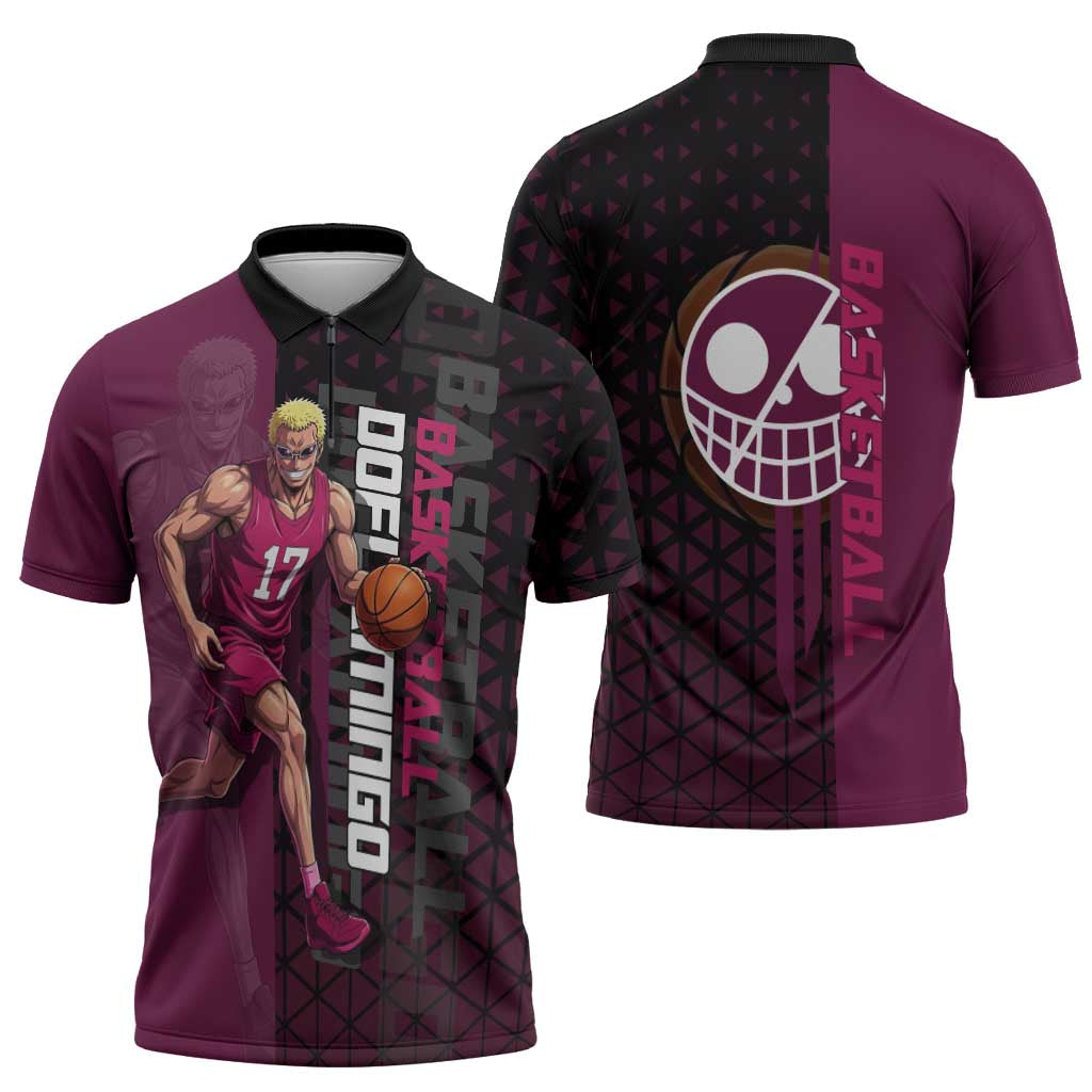 Donquixote Doflamingo One Piece Basketball Theme Maroon and Black Design Zipper Polo Shirt with Smiling Emblem and Aggressive Pose - The Mazicc