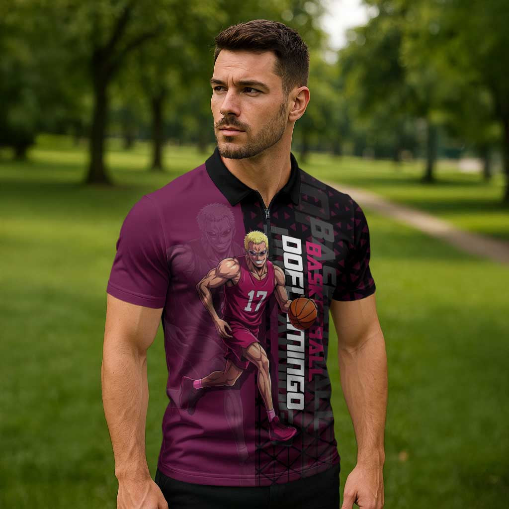 Donquixote Doflamingo One Piece Basketball Theme Maroon and Black Design Zipper Polo Shirt with Smiling Emblem and Aggressive Pose - The Mazicc